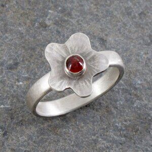 Sterling Silver 925 Flower Ring with Garnet, Size 8 3/4, Artisan Made